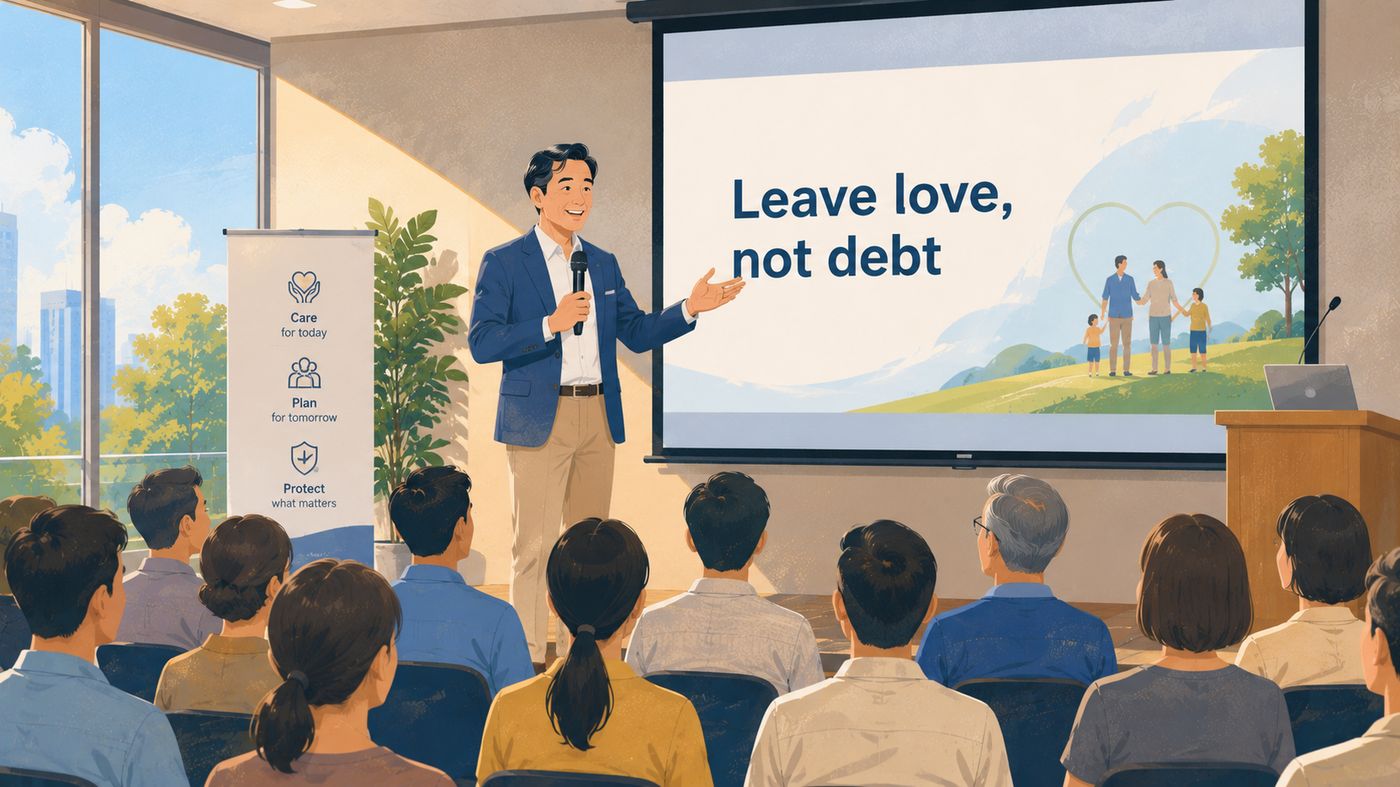 A community talk on estate planning, with a screen reading 'Leave love, not debt'