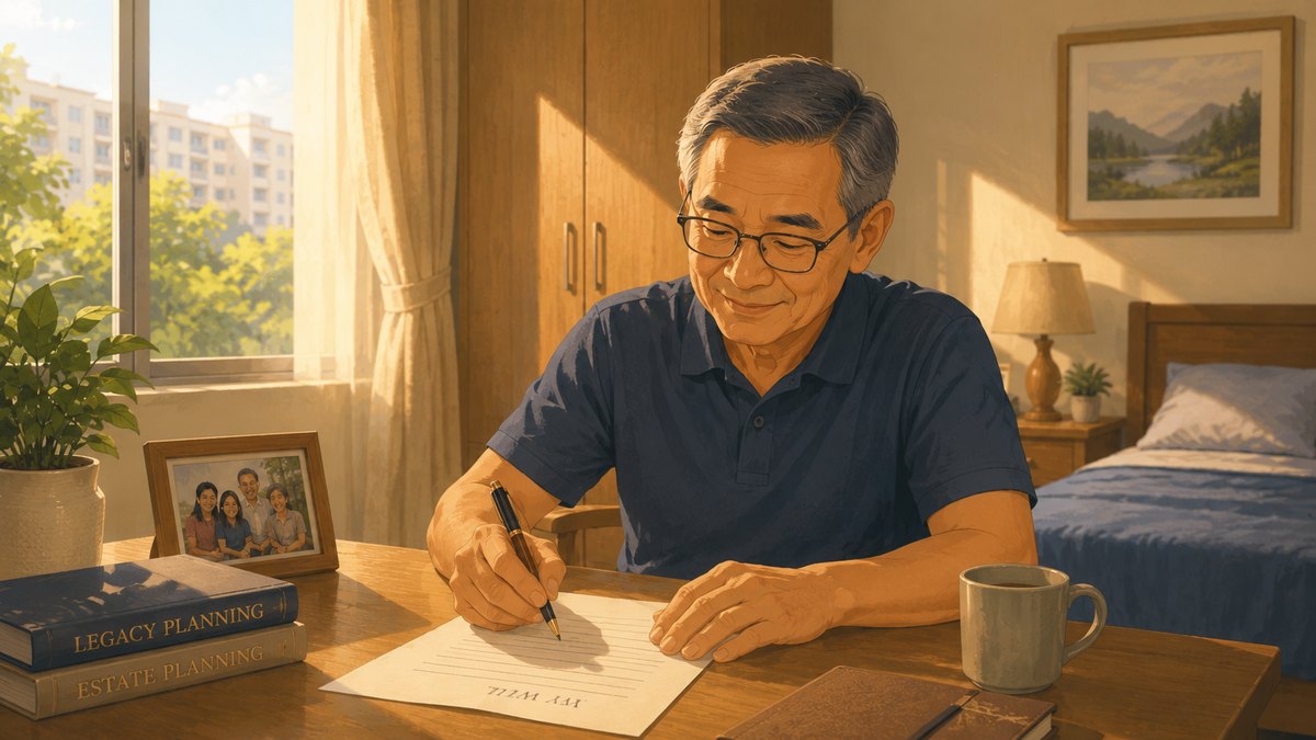 A man at his desk writing notes for his Will, beside a stack of estate and legacy planning books