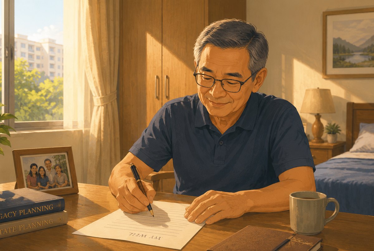 A man at his desk writing notes for his Will, beside a stack of estate and legacy planning books