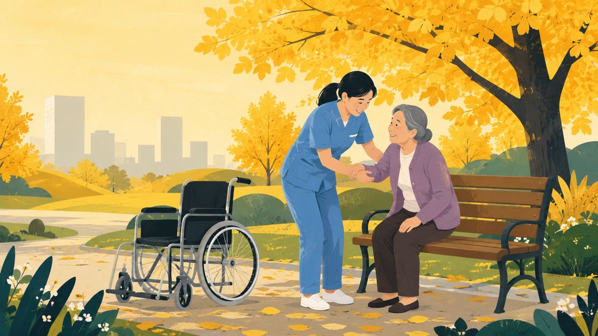 A caregiver assisting an elderly person