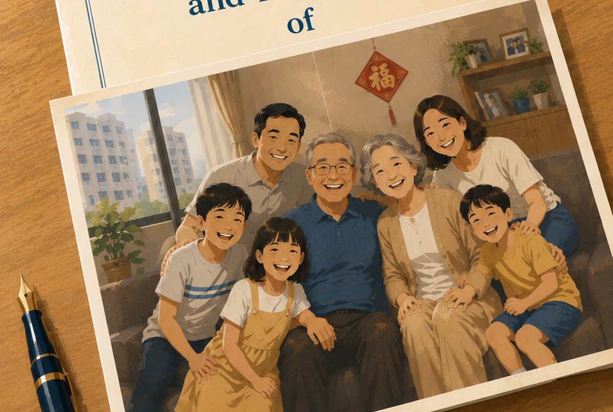 A Last Will and Testament document beside a family photo and fountain pen on a wooden desk