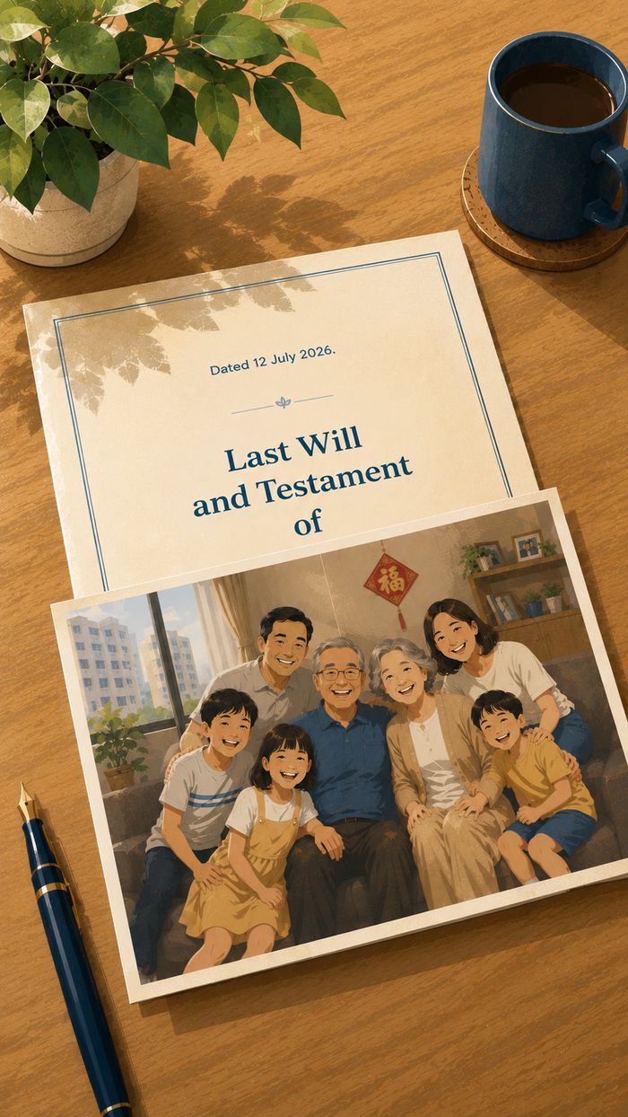 A Last Will and Testament document beside a family photo and fountain pen on a wooden desk