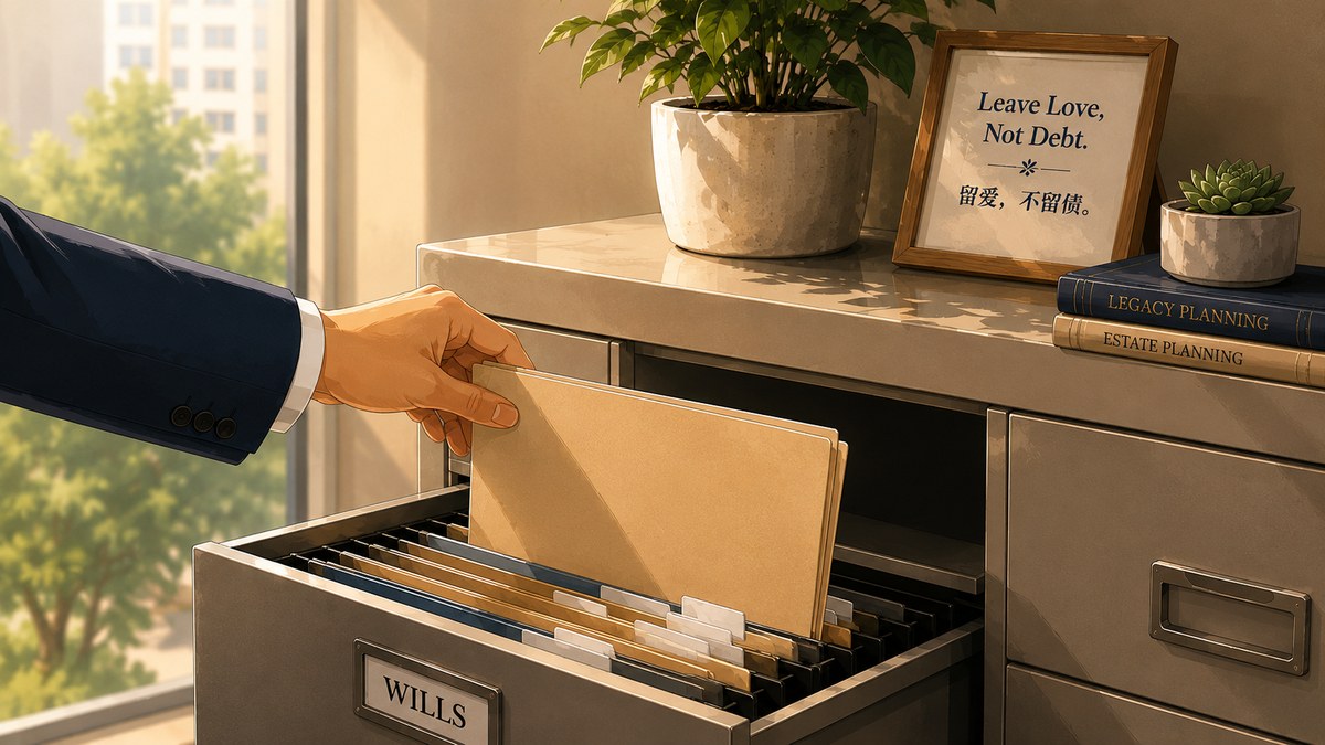 An advisor placing a labelled Will folder into a filing drawer marked 'Wills'