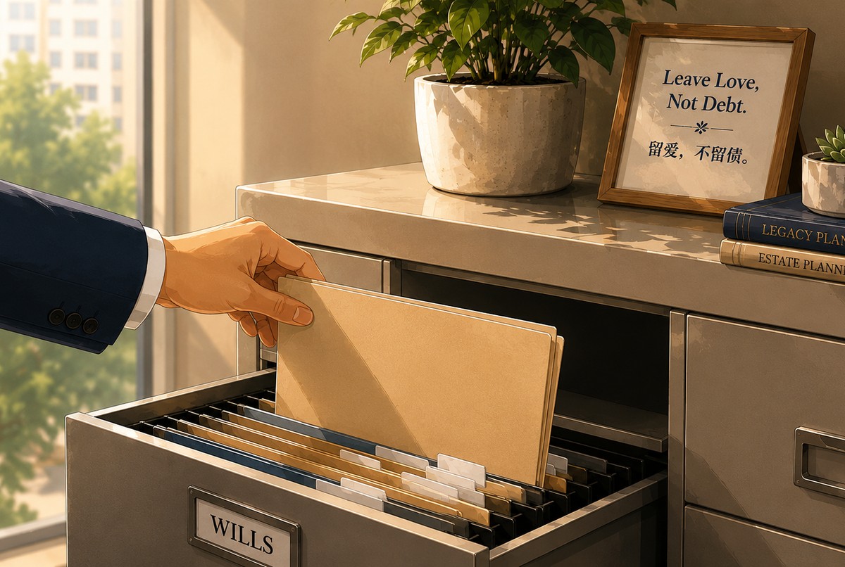 An advisor placing a labelled Will folder into a filing drawer marked 'Wills'